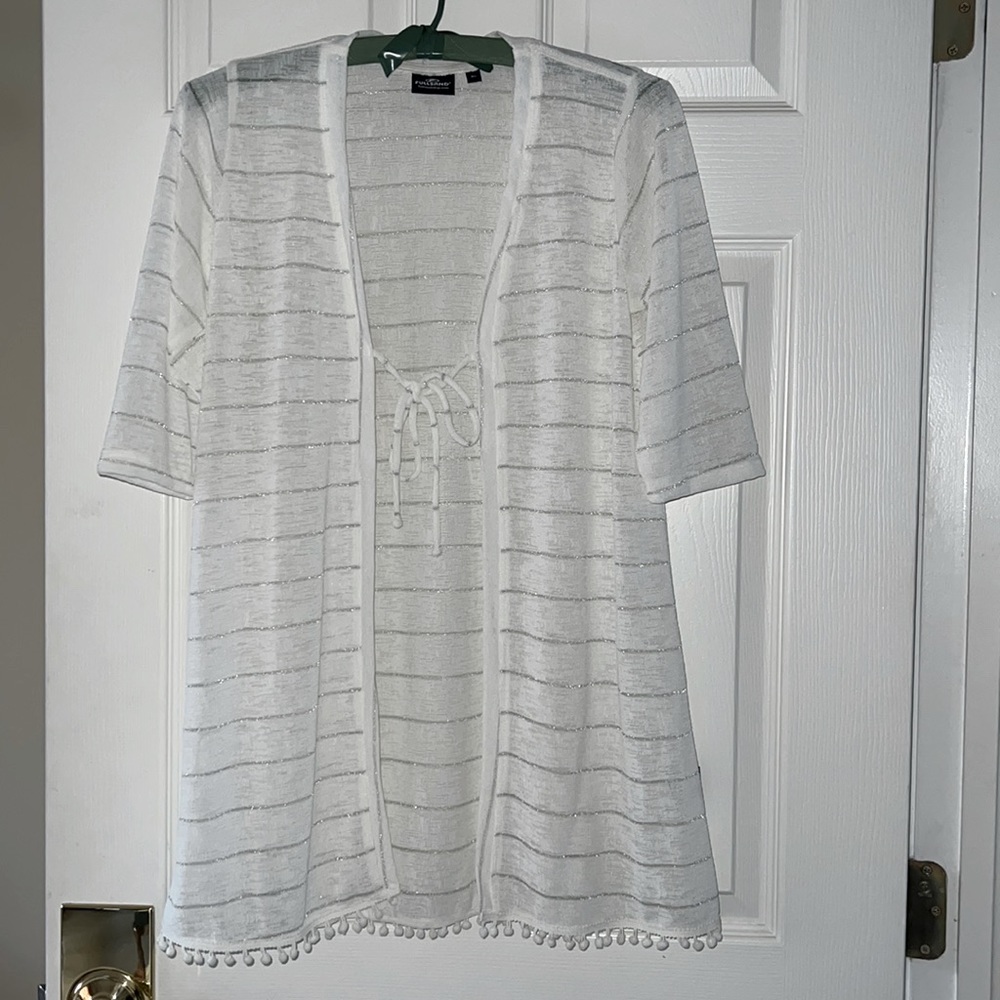 FullSand Beach Coverup White with Shiny Silver Stripes, Pompom Edging  - Size XL
